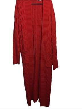 Long Red Cable-Knit Open Cardigan Sweater Duster  Large
